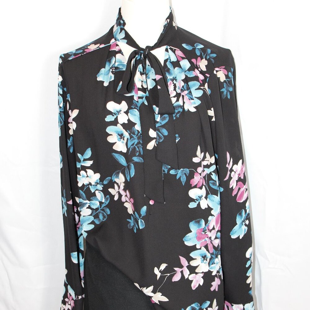 White House Black Market Floral Print Tie Neck Blouse Women's Size 14